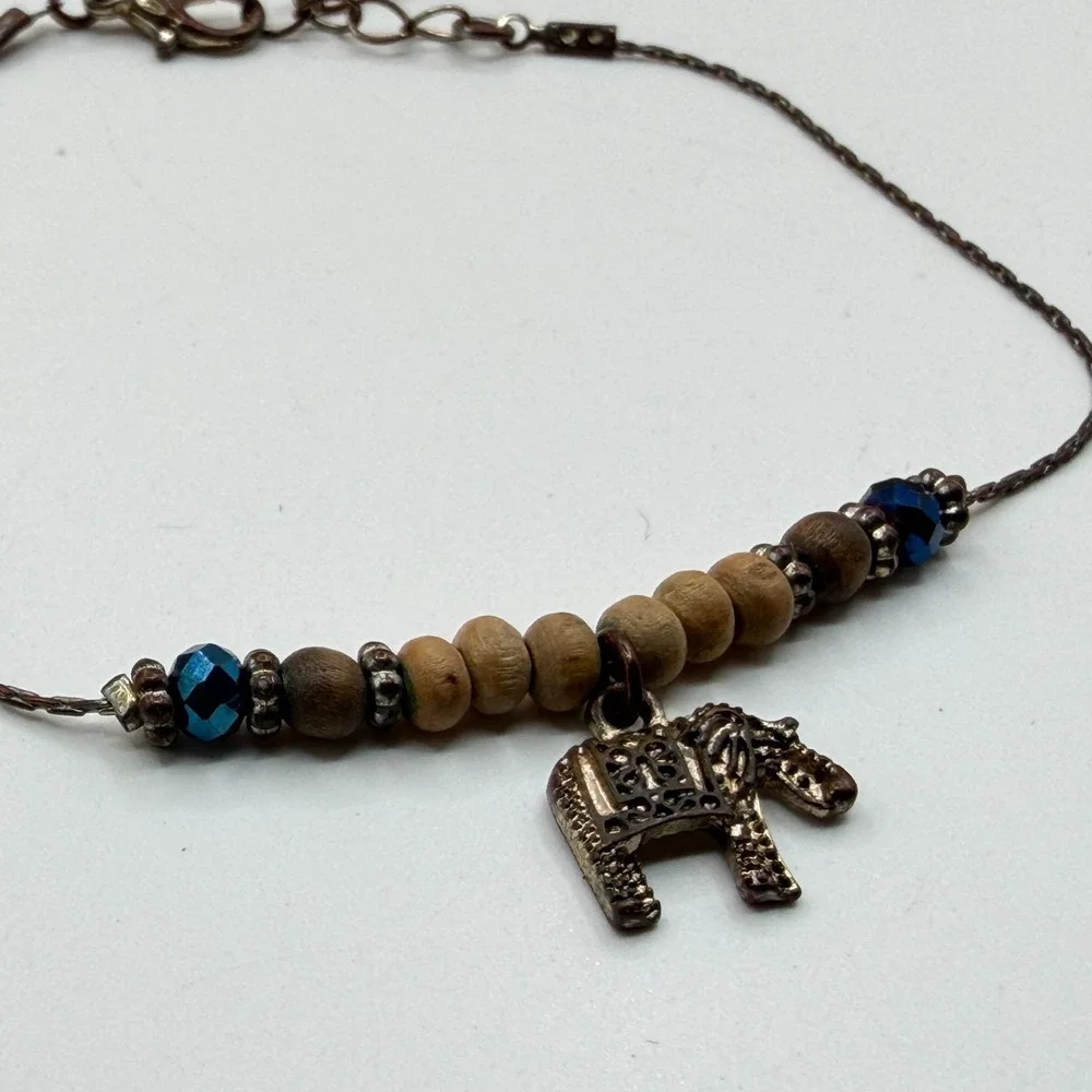 Elephant Charm Bracelet Wood Beads Blue Crystal Boho Bronze Tone Adjustable